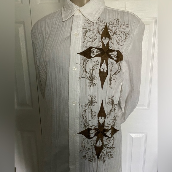 POP ICON Crinkle Long Sleeve Button front White Shirt- Embroidered Cross Sze S - Picture 10 of 12